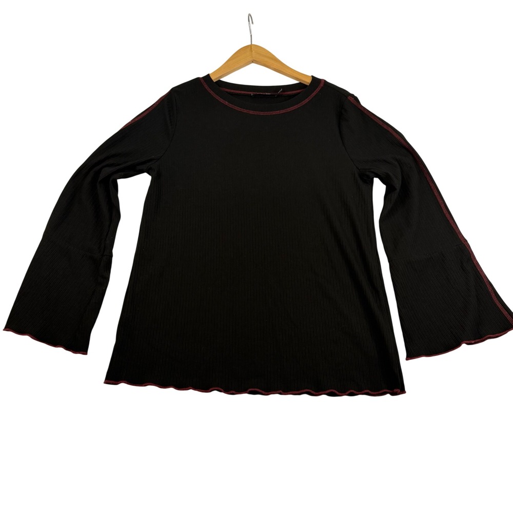 Doe & Rae Black Ribbed Bell Sleeve Top Contrast Stitch Lettuce Edge Small